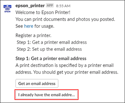 botón de registro de impresora con el botón I already have the email address seleccionado