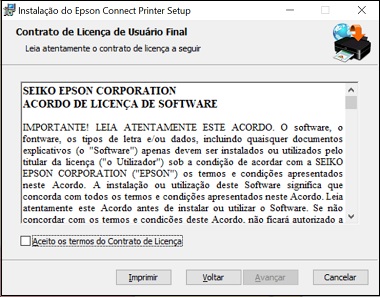 Janela do acorde licença para usuário do Epson Connect