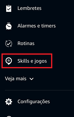 Menu da Alexa com o botão Skills e jogos selecionado