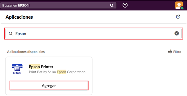 ventana negra de búsqueda de impresión con el botón agregar seleccionado en el resultado de búsqueda de epson printer