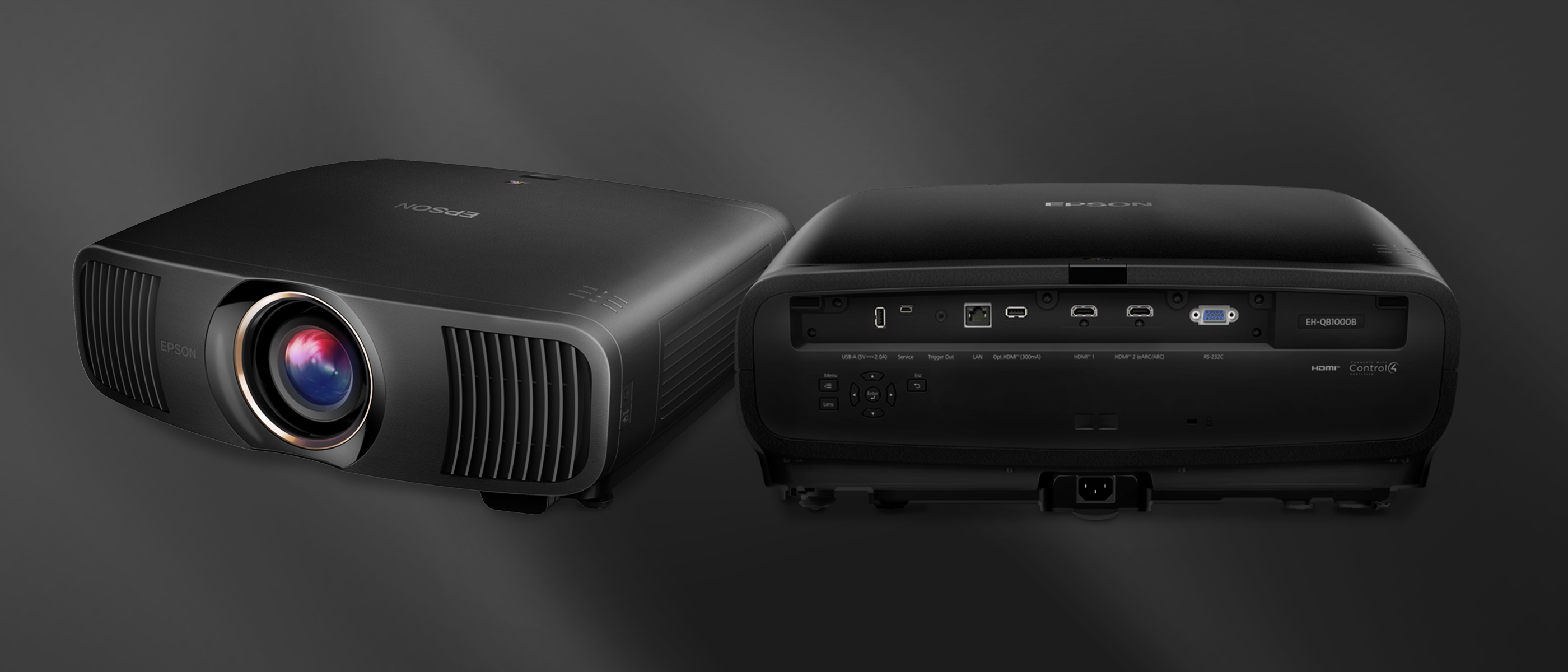 Front and back view of a black QB Series projector