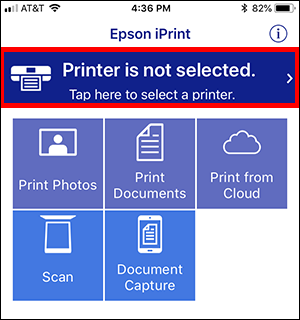 epson iprint menu with select a printer button selected