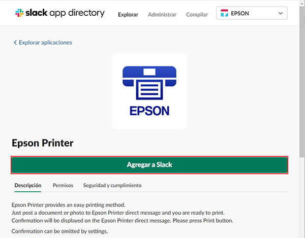 ventana de slack printing con ícono de epson y botón agregar a slack seleccionado