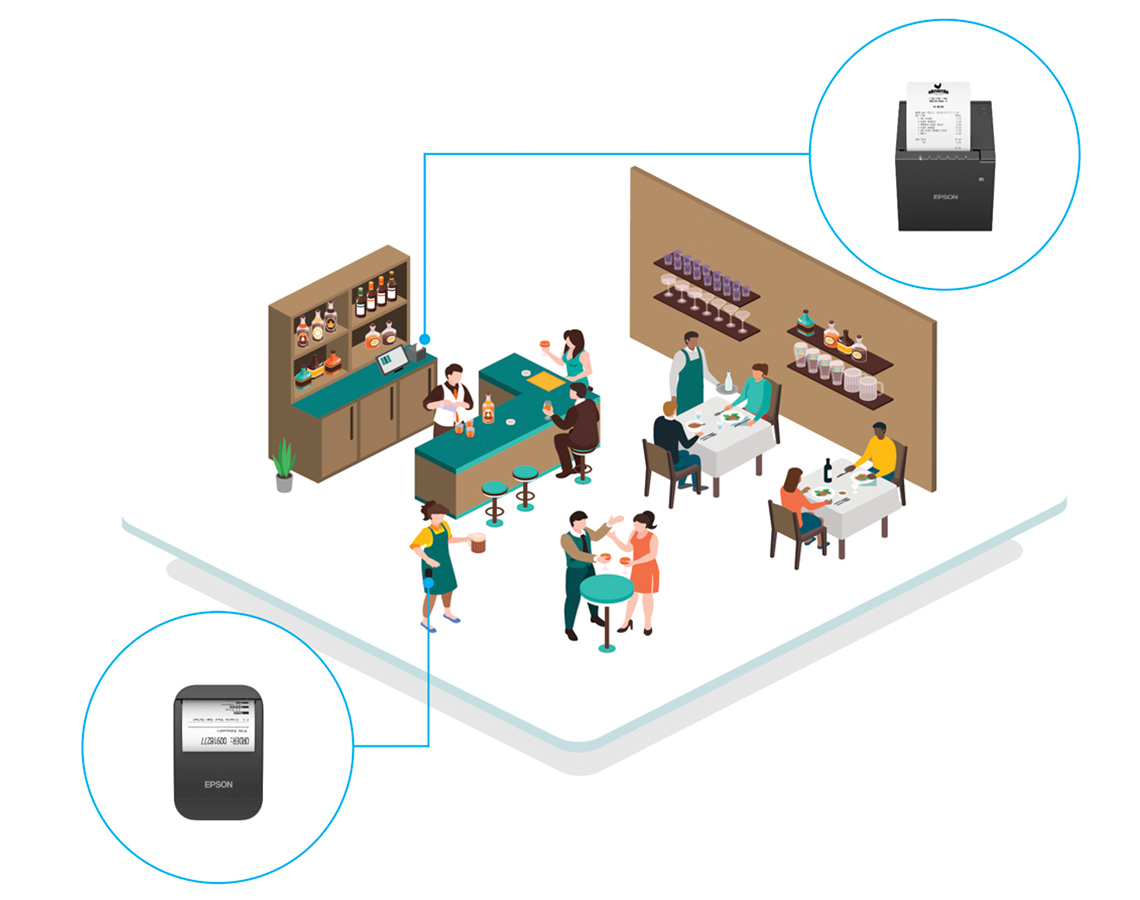An illustrated graphic showing people in an upscale bar. There is a pop-out showing a receipt printer.