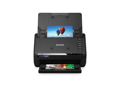 Front facing black Epson Scanner. 