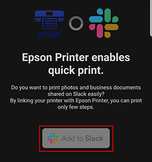 ventana negra con ícono de epson e ícono de slack printing y botón agregar a slack seleccionado