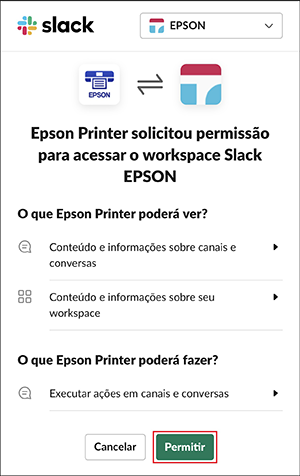 Janela de permiss&atilde;o do slack com Permitir selecionado