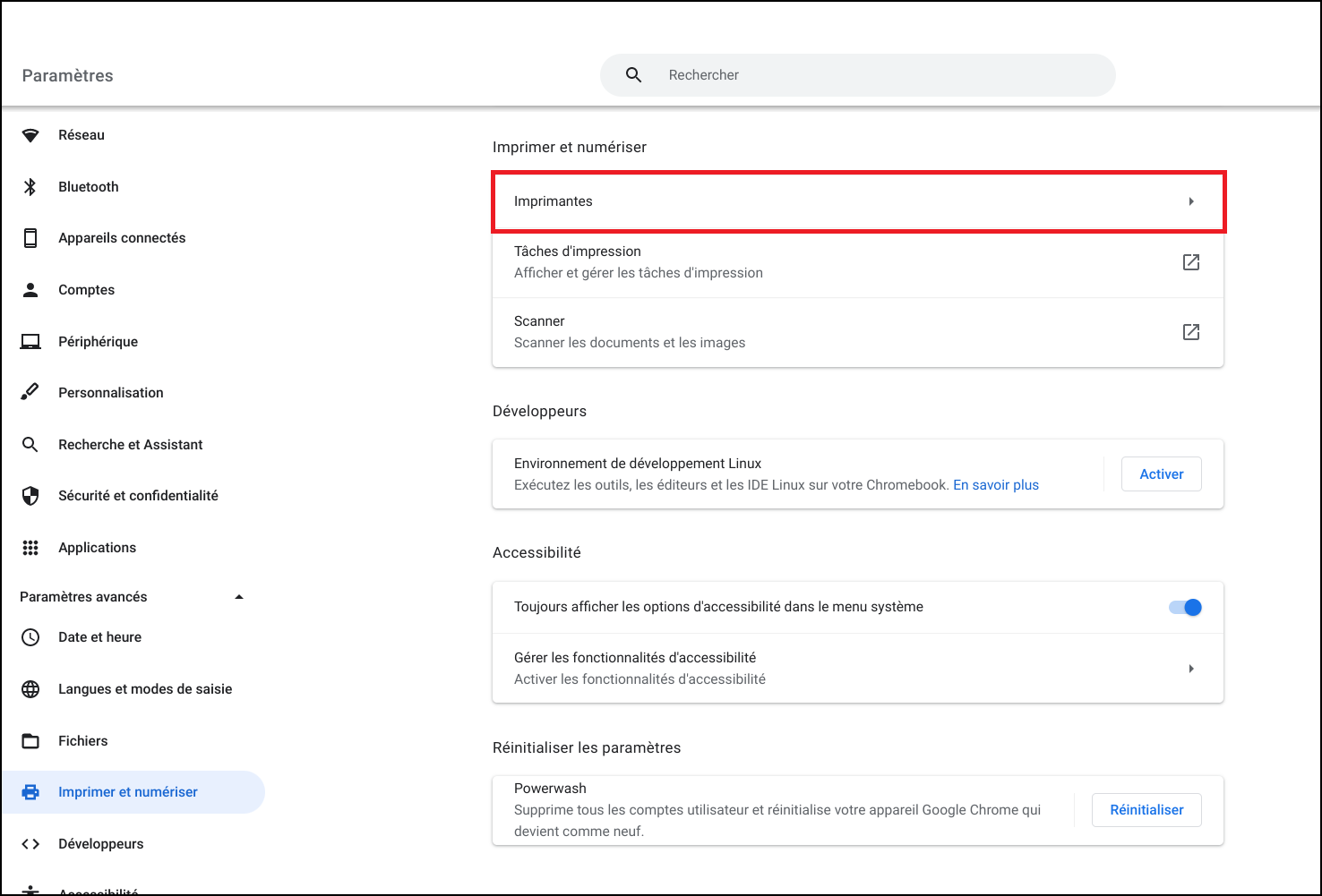 capture d'&eacute;cran du menu des param&egrave;tres avec les imprimantes s&eacute;lectionn&eacute;es