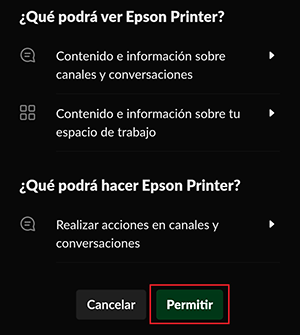 ventana negra de slack printing con el botón permitir seleccionado