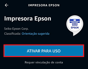 Janela do Alexa Skills com o ícone Epson Printer e o botão Ativar Para Uso selecionados