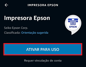 Janela do Alexa Skills com o ícone Impressora Epson e o botão Ativar Para Uso selecionados