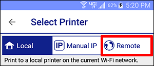 Select Printer window with Remote button selected