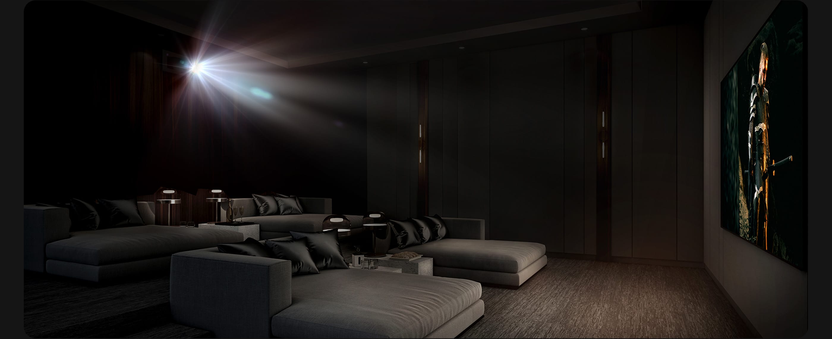 A dedicated home theater room with no lighting. All projected images simulated.