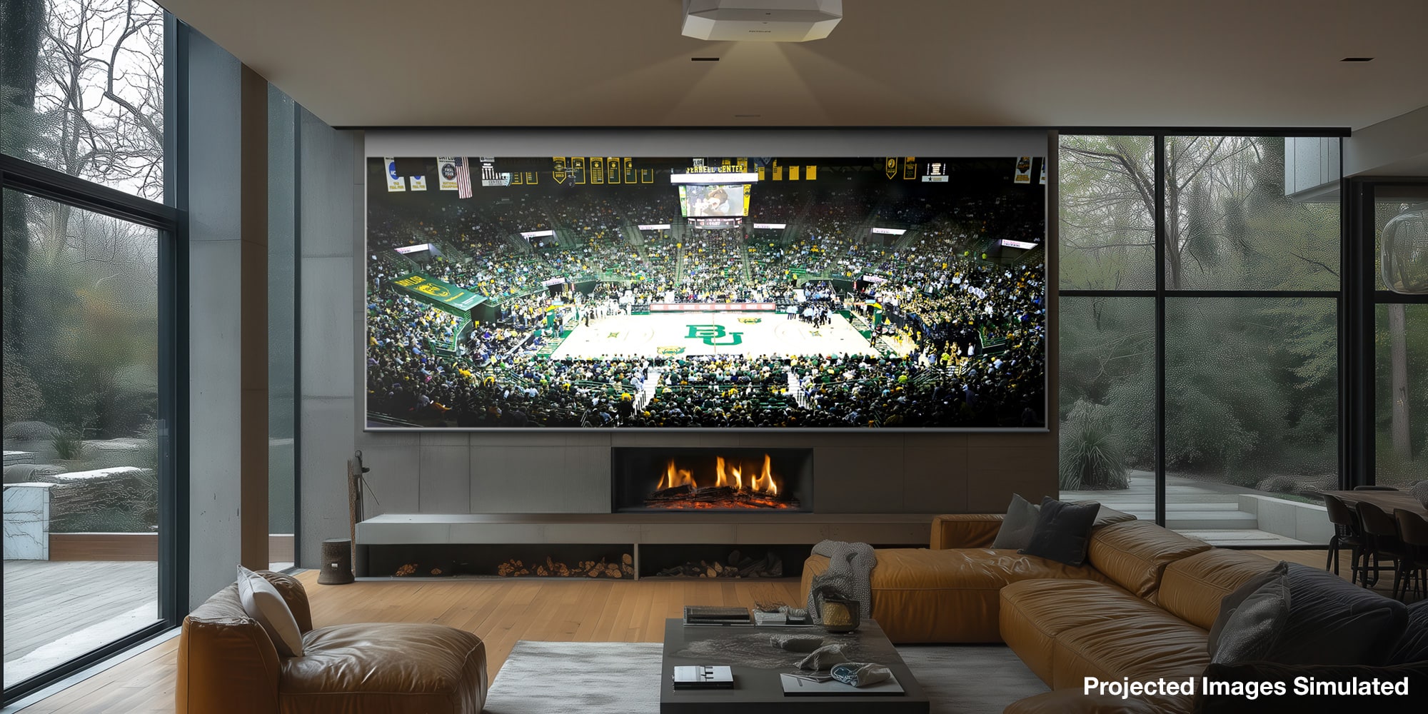 image of living room with large screen projection of a sports game