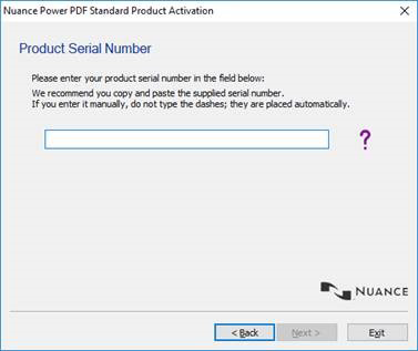 Nuance Power PDF Standard activation window with product serial number field
