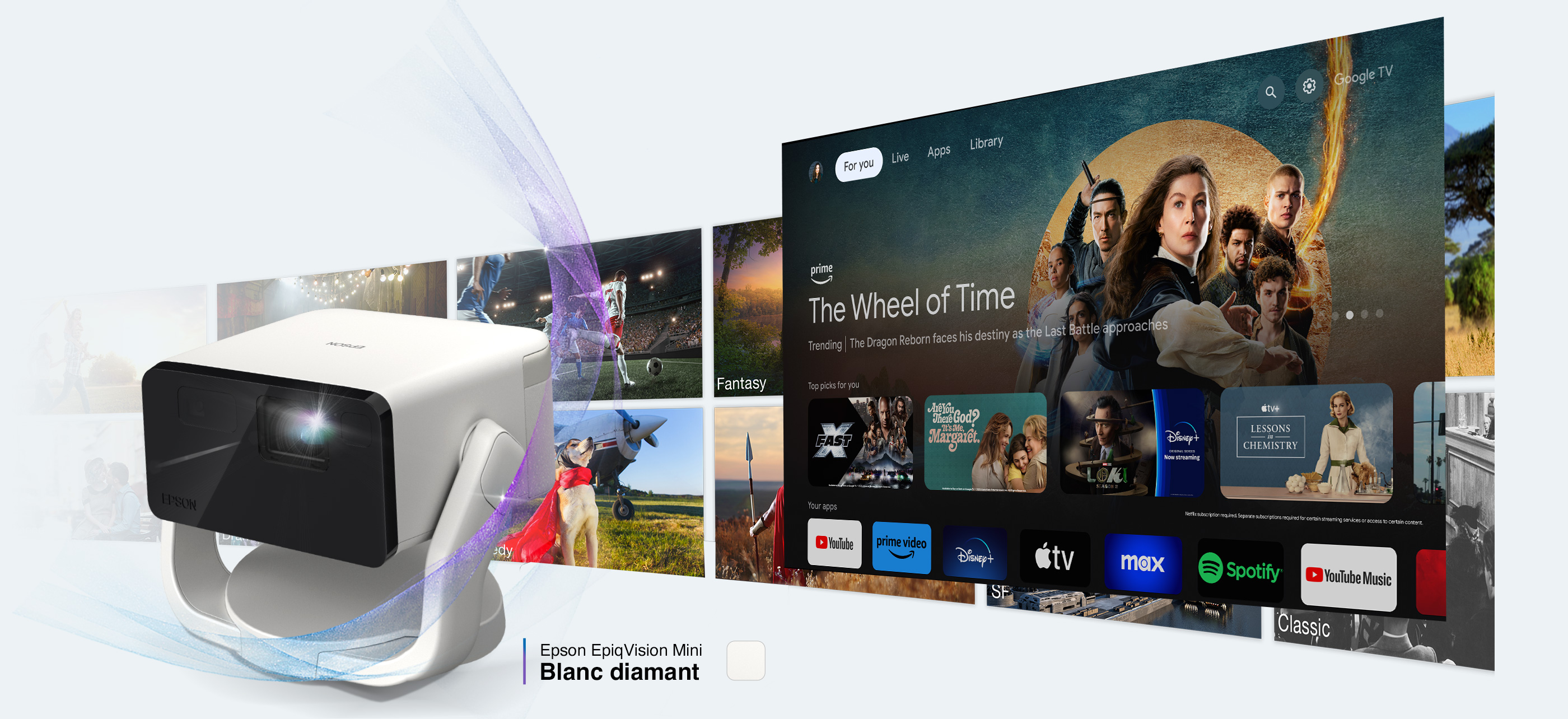 Epson EpiqVision Mini EF22 Diamond White alongside an array of streaming platforms