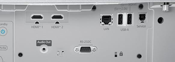 A close up of the I/O ports on the back of an Epson projector