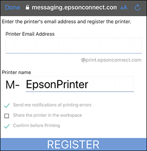 slack printing registration window with blank printer email address field