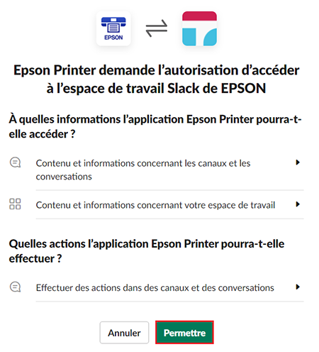fen&ecirc;tre d&rsquo;autorisation d&rsquo;acc&egrave;s avec bouton permettre s&eacute;lectionn&eacute;