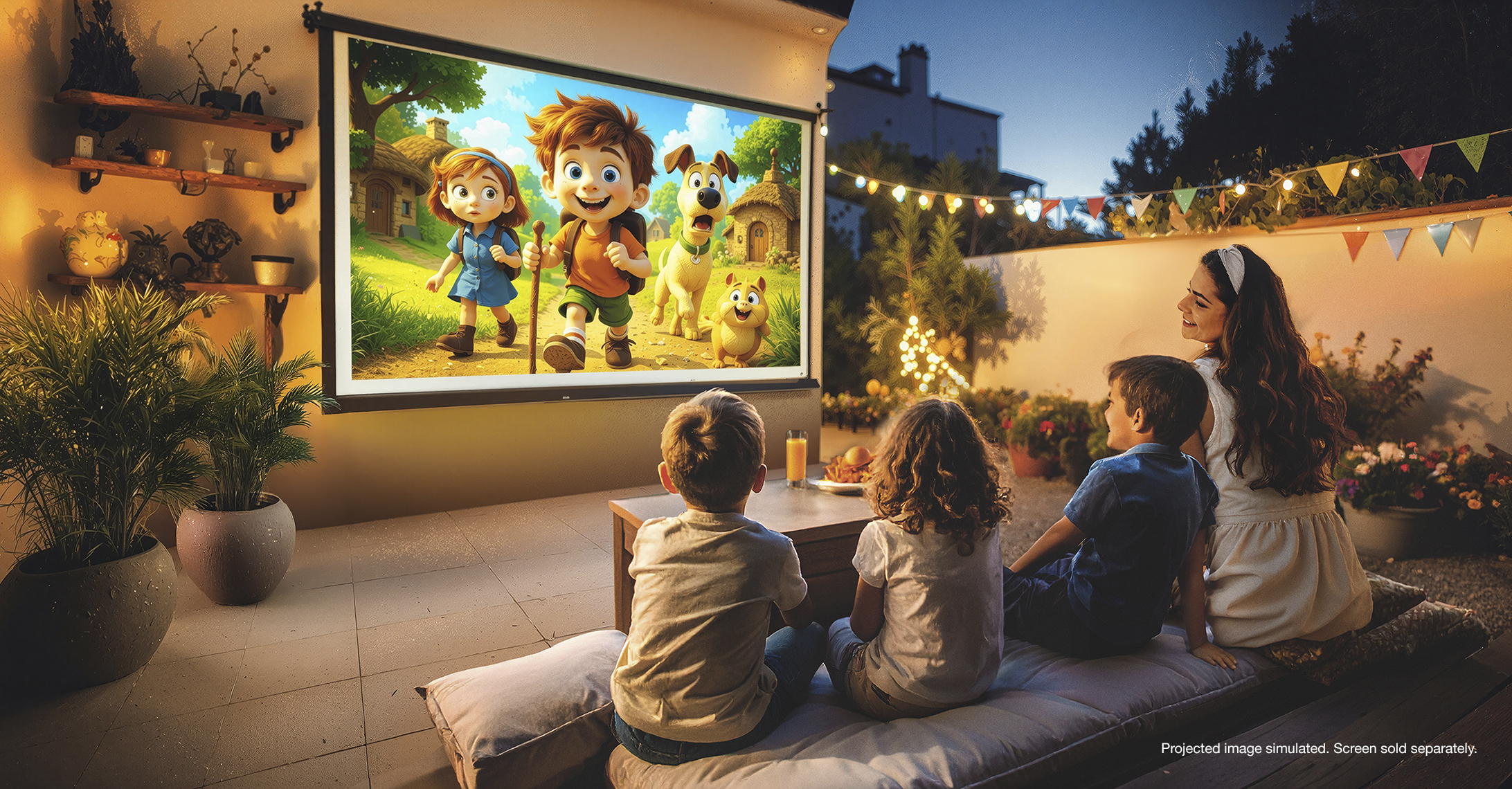 A family watching a movie on a projector in a backyard. "Projected image simulated. Screen sold separately."

