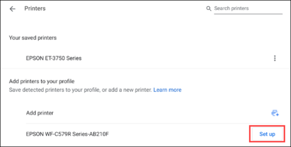 The printers section in the Chromebook settings with “Set up” button highlighted.