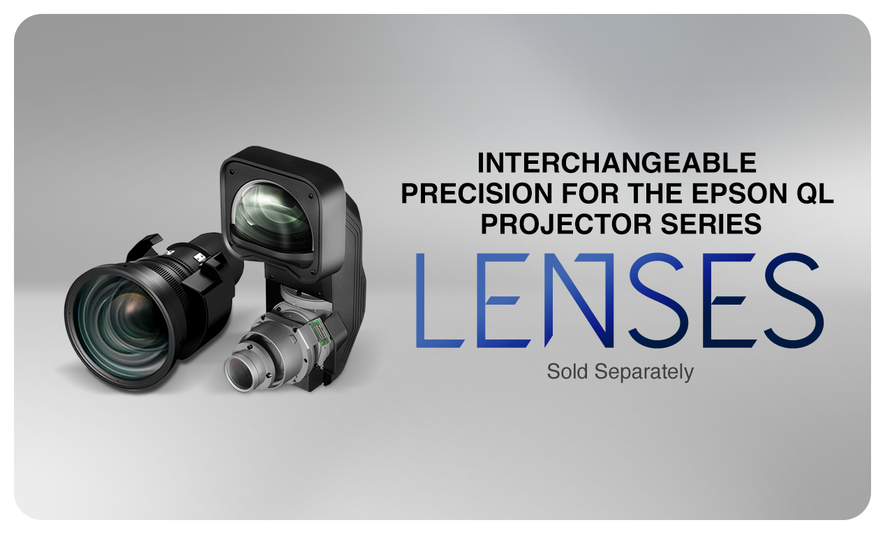 A picture of projector lenses with the copy "Interchangeable Epson precision lenses (sold separately)"