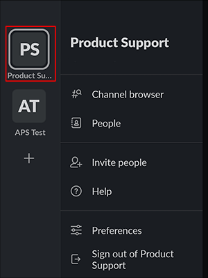 black product support menu with P.S. button selected