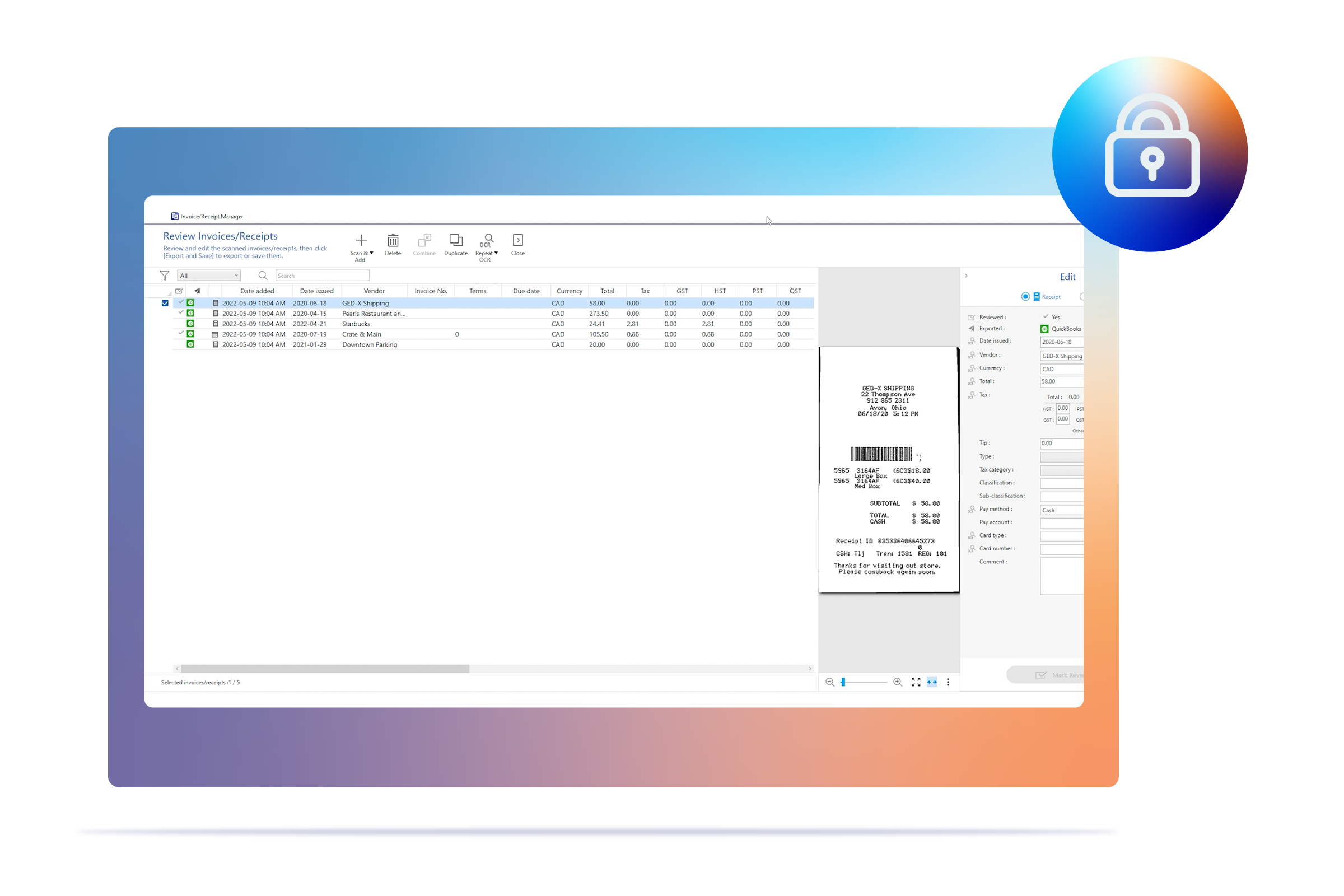 simulated image of scanned receipt on cloud-based application