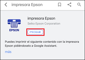 ventana de Epson Connect con el icono Impresora Epson y el botón PROBAR seleccionado