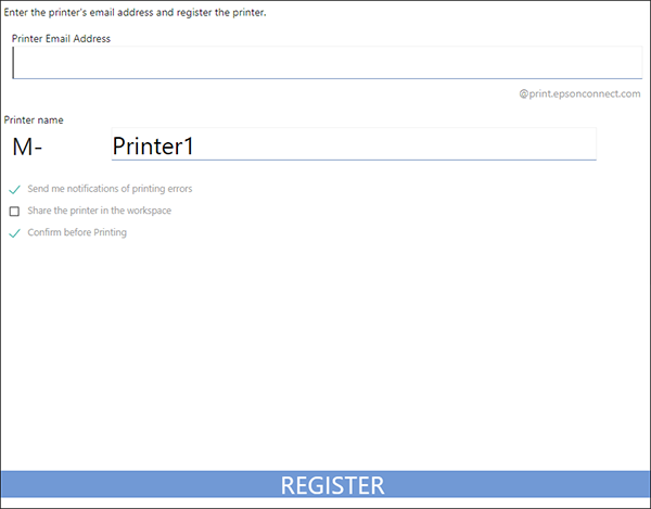 ventana de registro con campo printer email address vacío