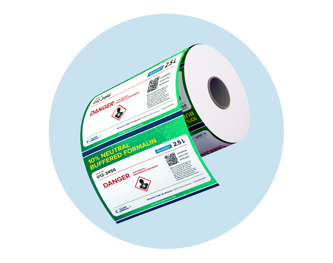 A GHS chemical label roll.