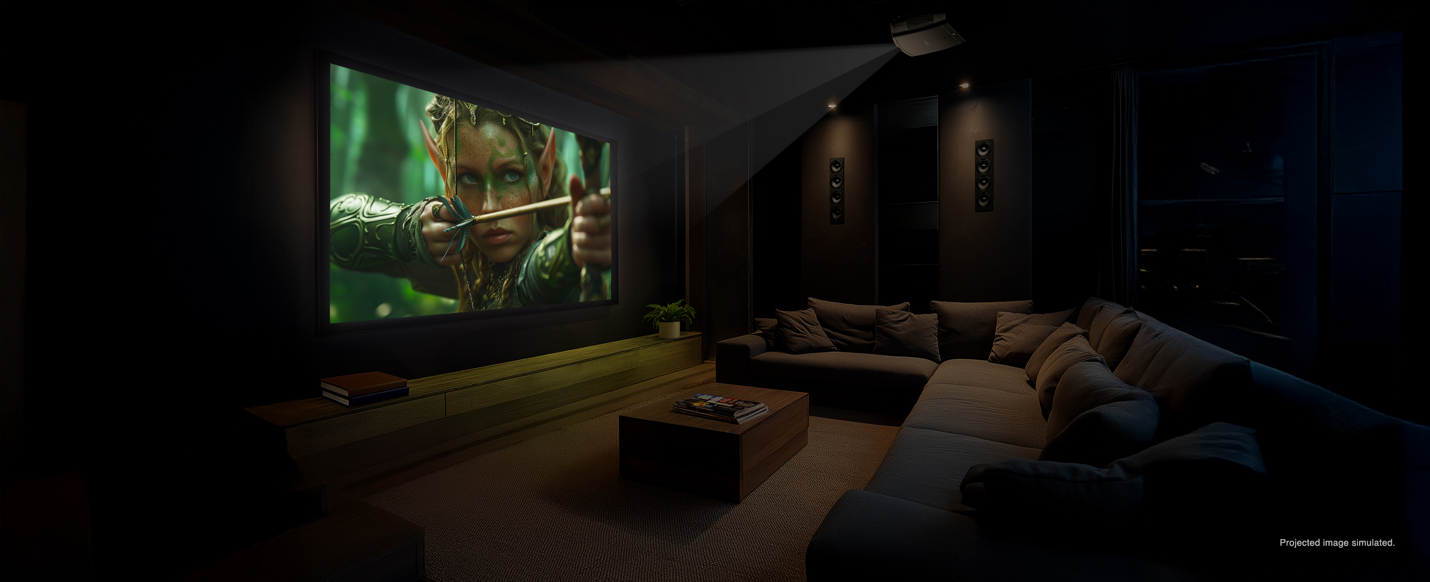 A dark room with a project display of a female archer. Projected images simulated.
