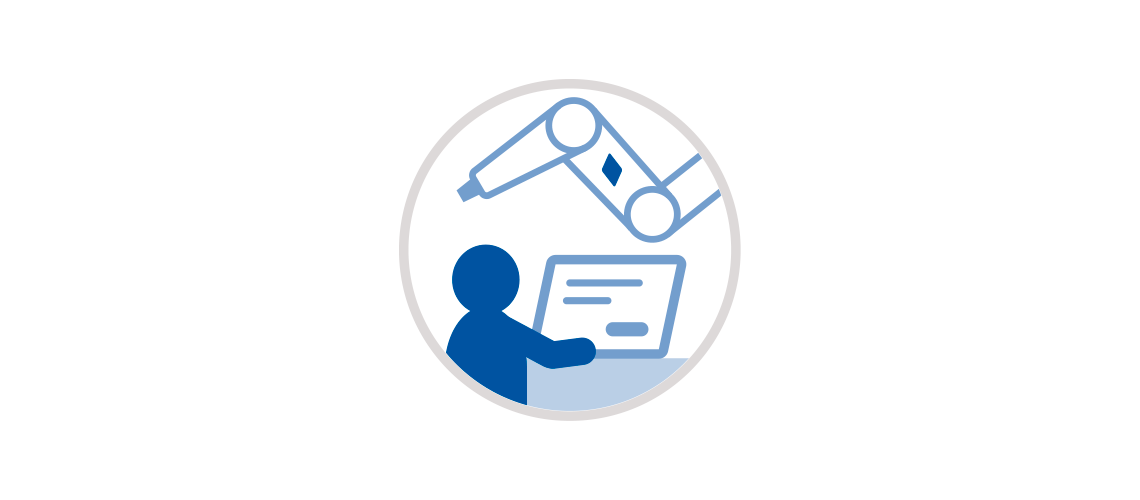 Icon of a worker next to a robot arm