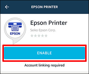 Alexa skills search window with Epson Printer search result selected