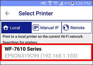 select printer window with WF-7610 printer selected
