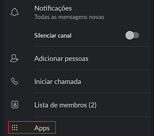 Janela escura do slack com o bot&atilde;o Apps selecionado