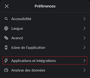 menu d&rsquo;impression slack avec option Applications et int&eacute;grations s&eacute;lectionn&eacute;e
