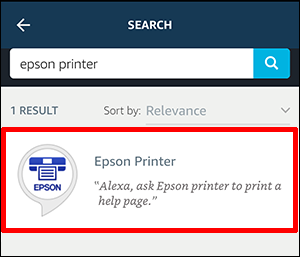 Alexa skills search window with Epson Printer search result selected