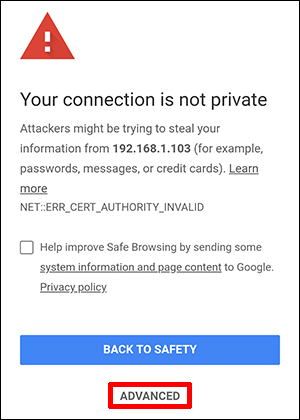 Your connection is not private warning window with Advanced button selected