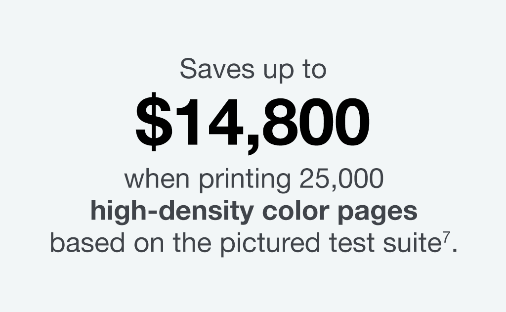 Saves up to $14,800 when printing 25,000  high-density color pages  based on the pictured test suite.