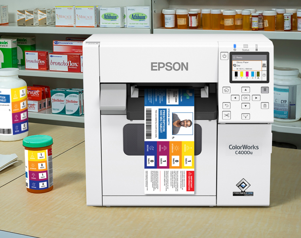 Epson label printer in pharmacy outputting a prescription label
