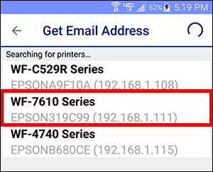 Get Email Addres window with WF-7610 Series selected