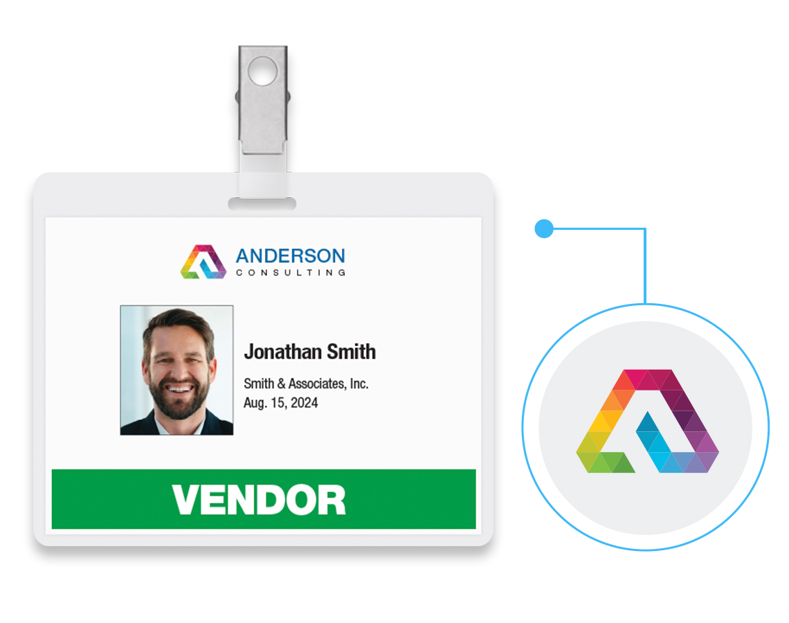 Corporate office vendor badge with colorful logo.