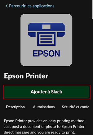 fen&ecirc;tre d&rsquo;impression slack noire avec ic&ocirc;ne epson et bouton ajouter &agrave; slack s&eacute;lectionn&eacute;