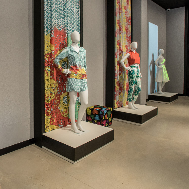 Mannequins with various print patterns.