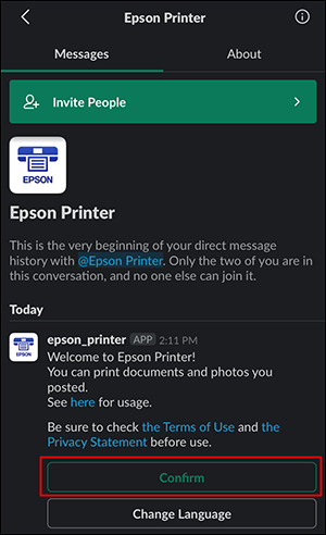 slack printing black invitation window with confirm button selected