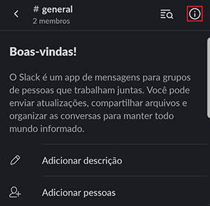 Janela escura do slack com &iacute;cone de informa&ccedil;&atilde;o no canto superior direito selecionado