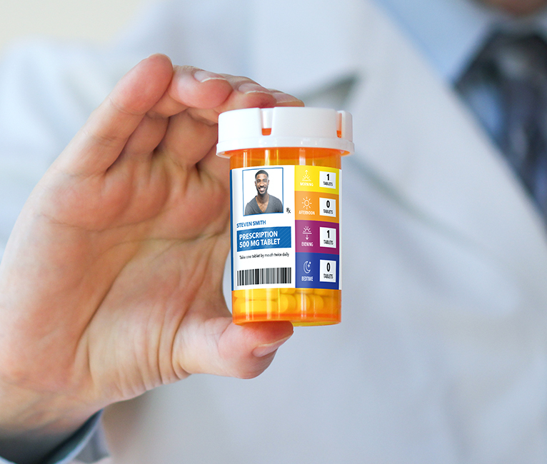 A prescription bottle with medical information printed in full color.