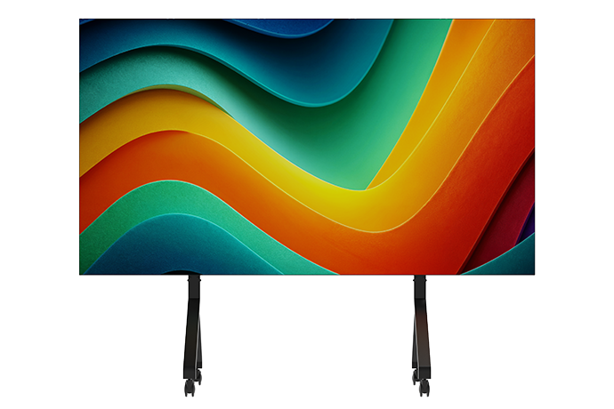 Large flat-panel display mounted on a black wheeled stand, showing a colorful abstract wave pattern in blue, green, yellow, orange, and red.