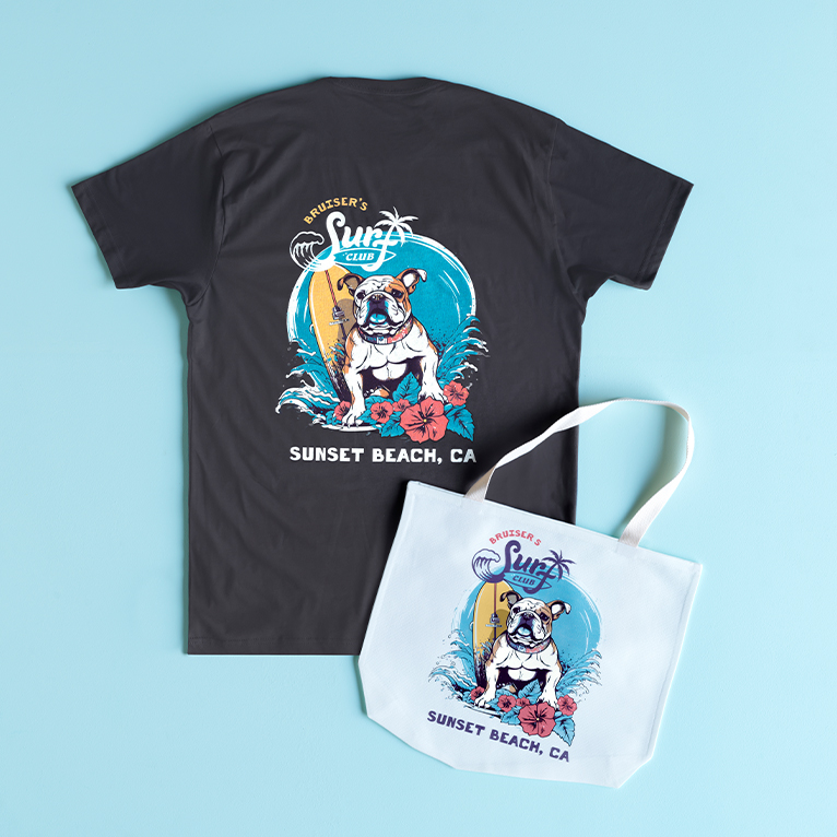 Printed t-shirt and tote bag with surfing dog design